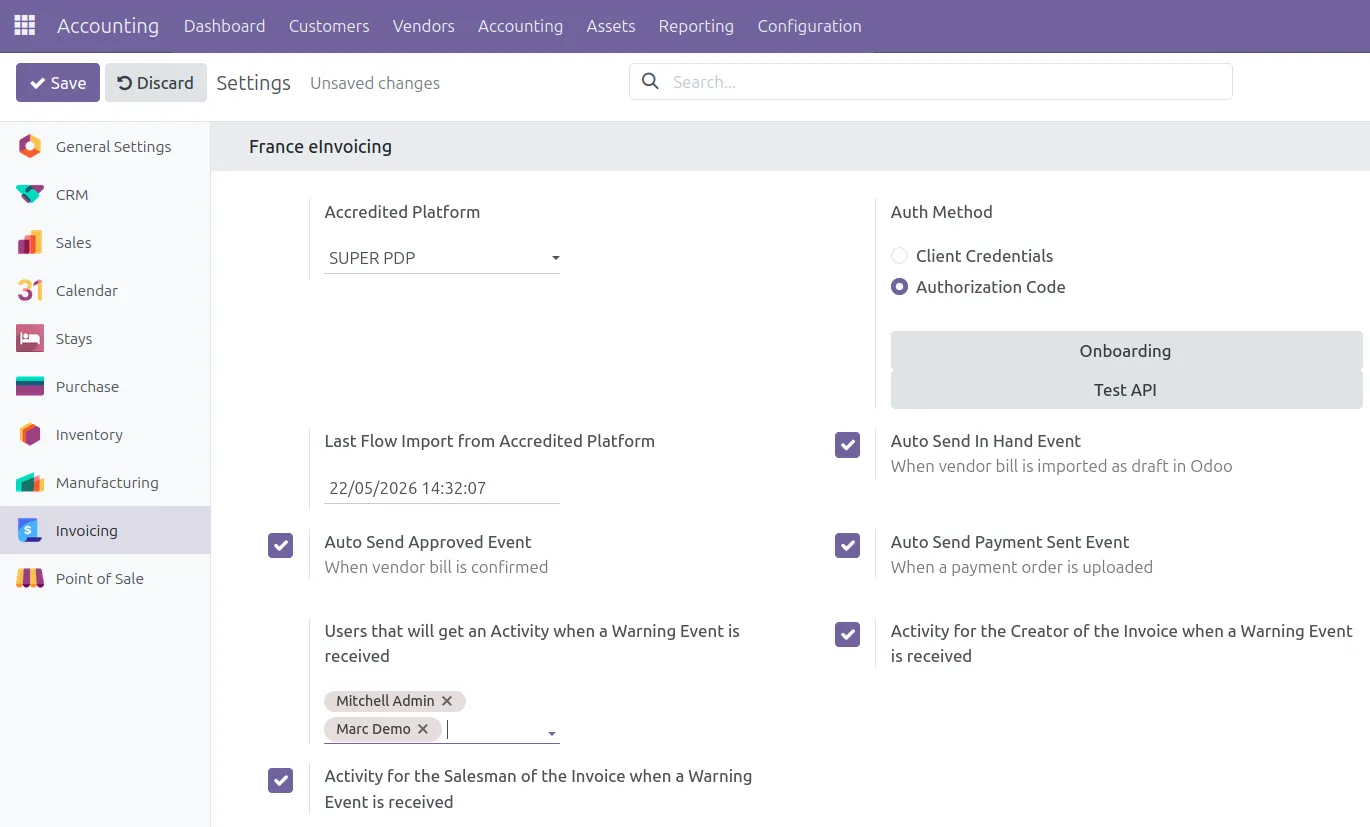 Page configuration e-invoicing